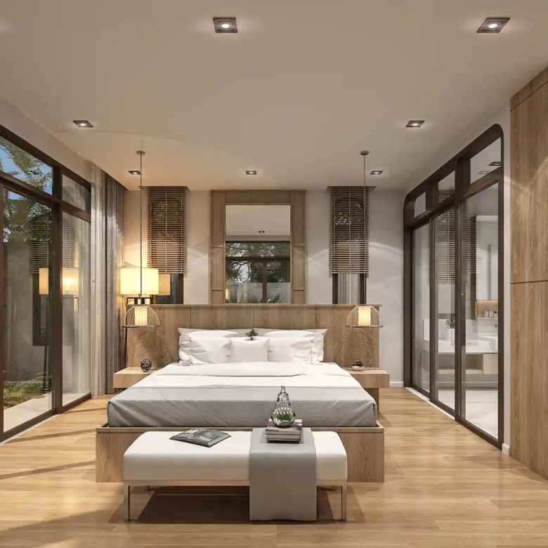 Rungtiva Private Pool Villas master bedroom with timber flooring