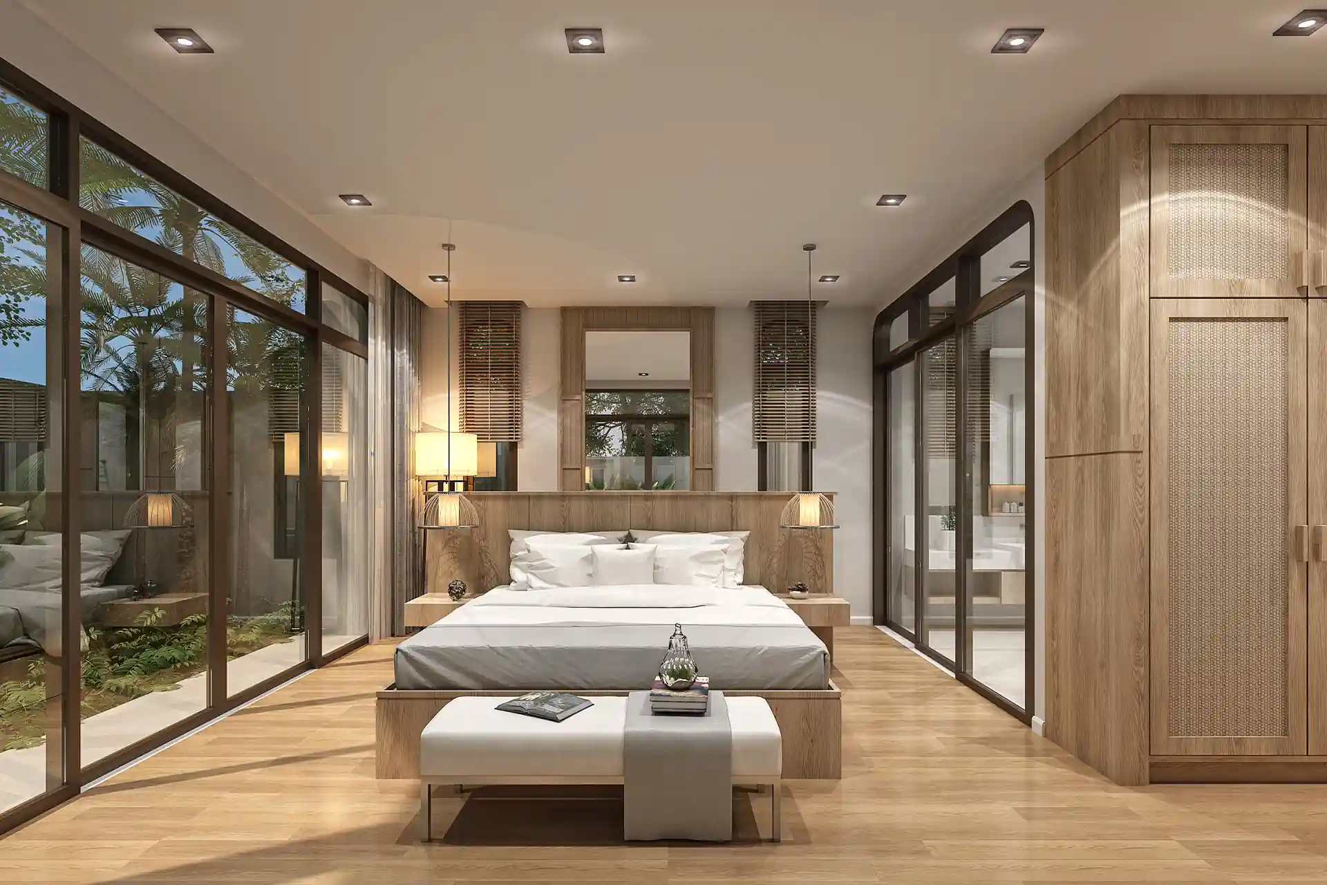 Rungtiva Private Pool Villas master bedroom with timber flooring