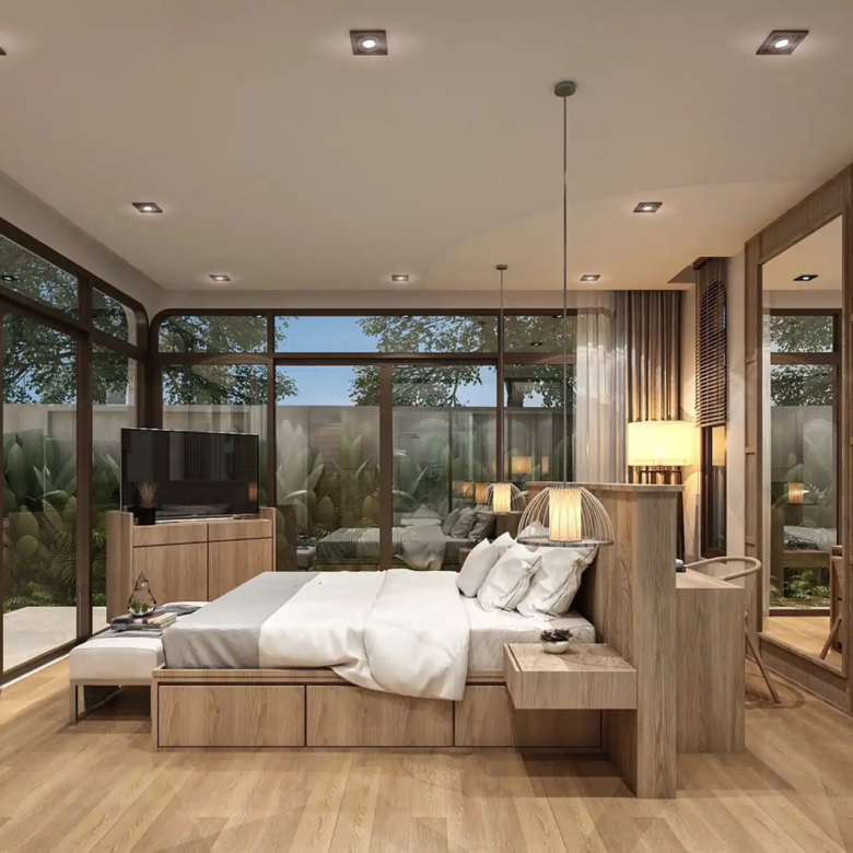 Rungtiva Private Pool Villas master suite with garden view glazing