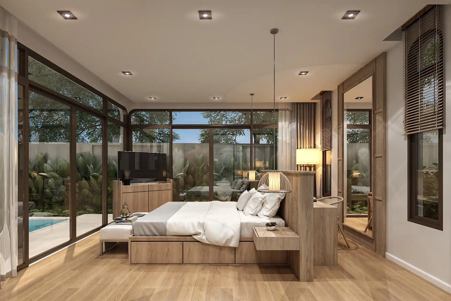 Rungtiva Private Pool Villas master suite with garden view glazing