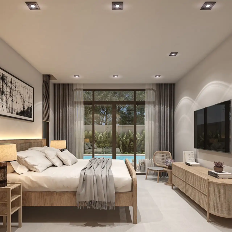 Rungtiva Private Pool Villas bedroom with TV wall and console