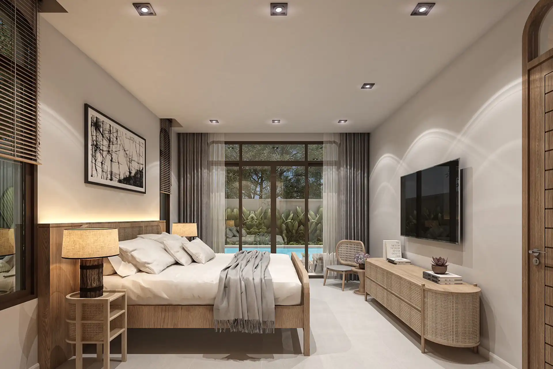 Rungtiva Private Pool Villas bedroom with TV wall and console