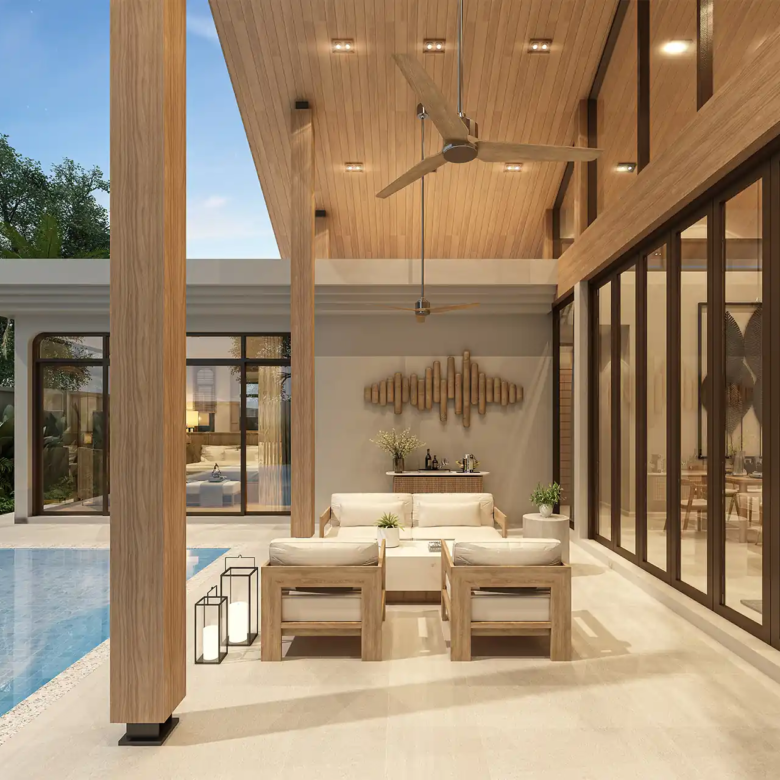 Rungtiva Private Pool Villas pool deck with outdoor loungers