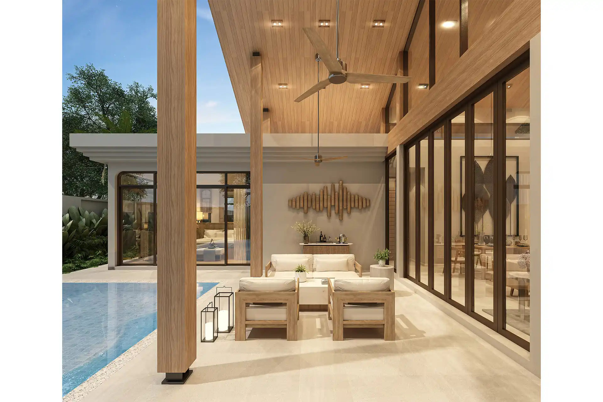 Rungtiva Private Pool Villas pool deck with outdoor loungers
