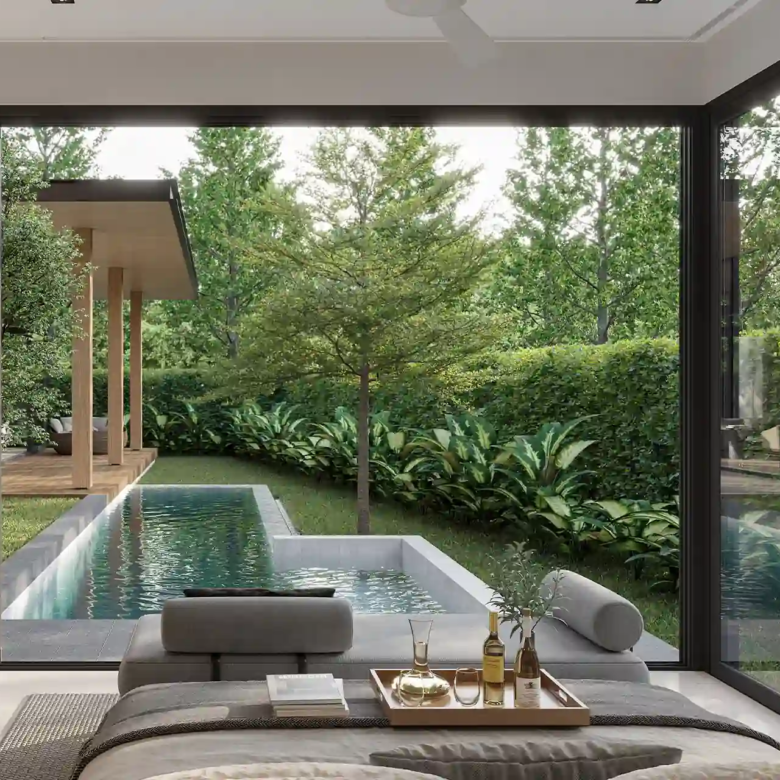 The Baya bedroom with floor-to-ceiling glass and pool view