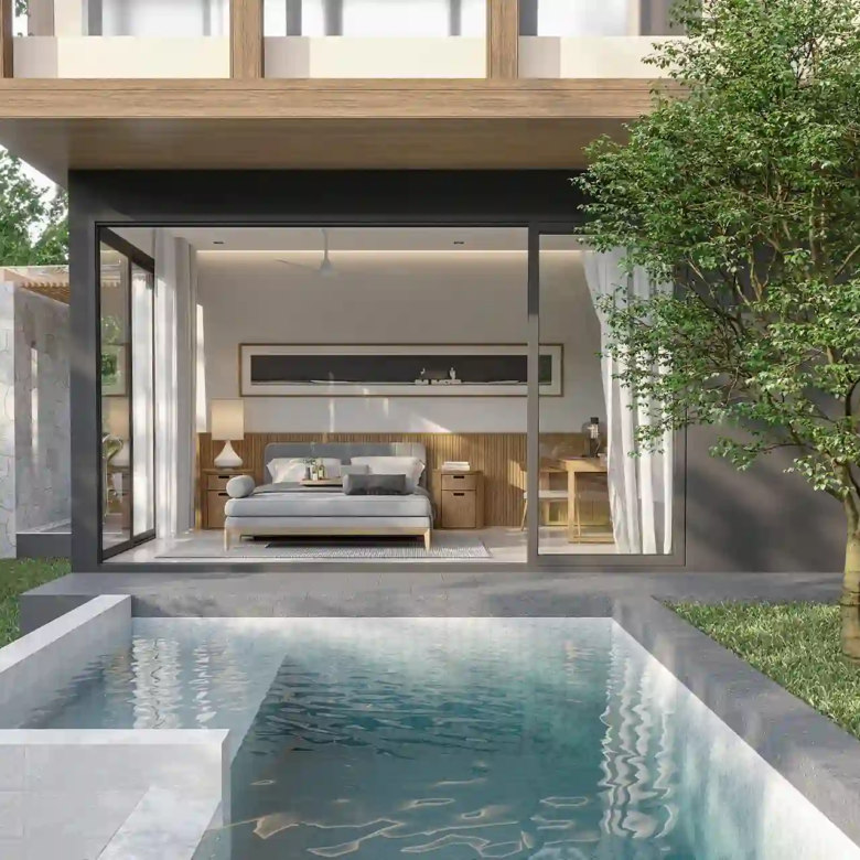 The Baya master bedroom with pool view and sliding glass