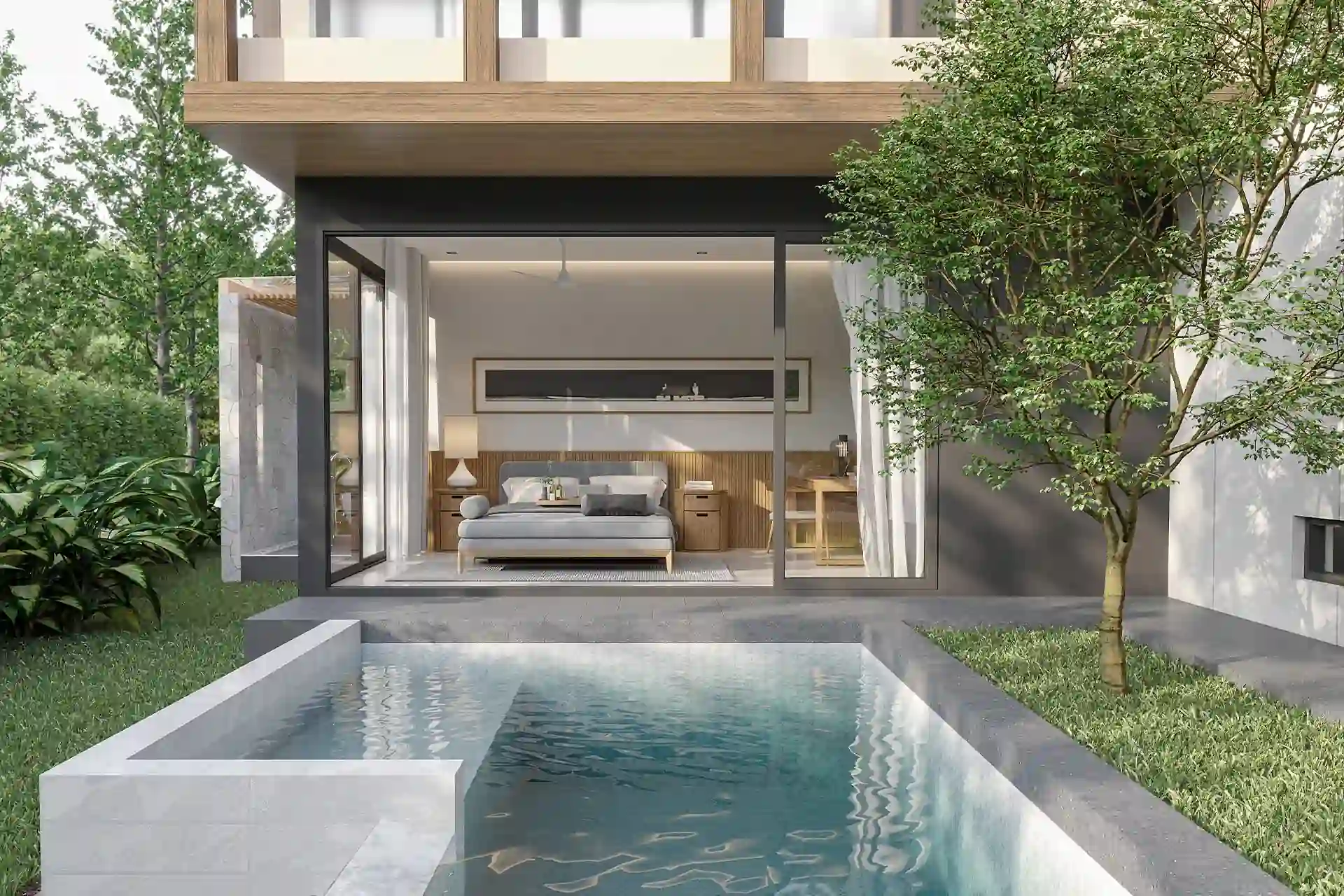 The Baya master bedroom with pool view and sliding glass