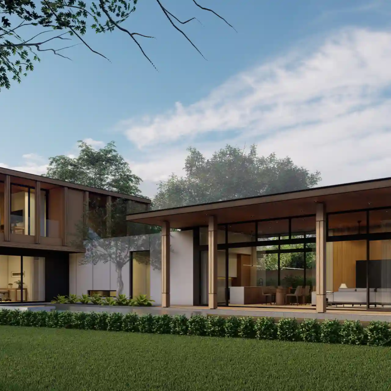 The Baya modern villa courtyard view with glass pavilion