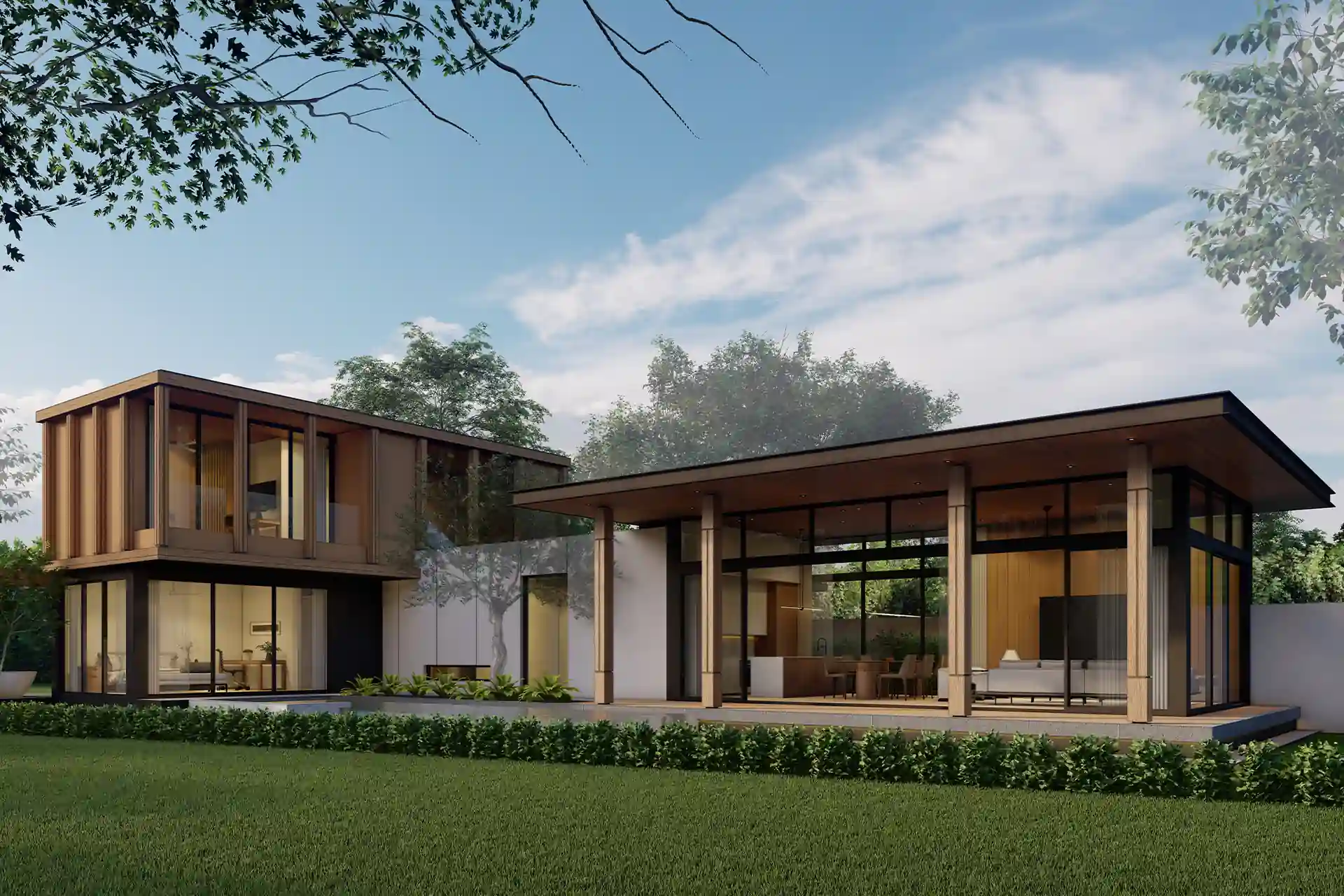 The Baya modern villa courtyard view with glass pavilion
