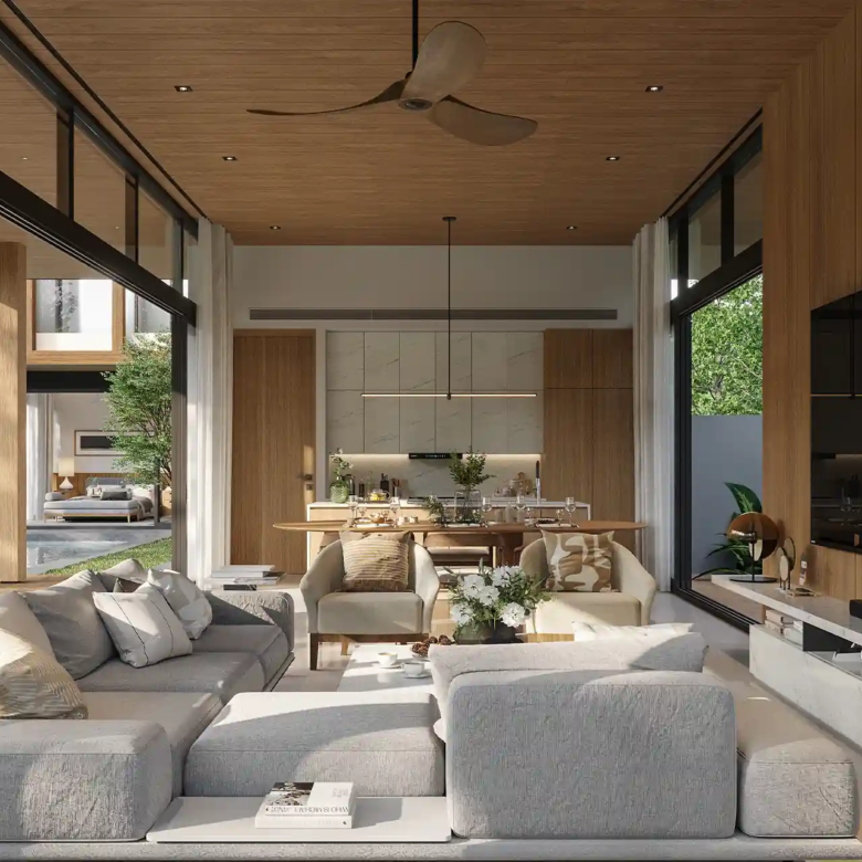 The Baya open-plan living and dining with warm wood finishes