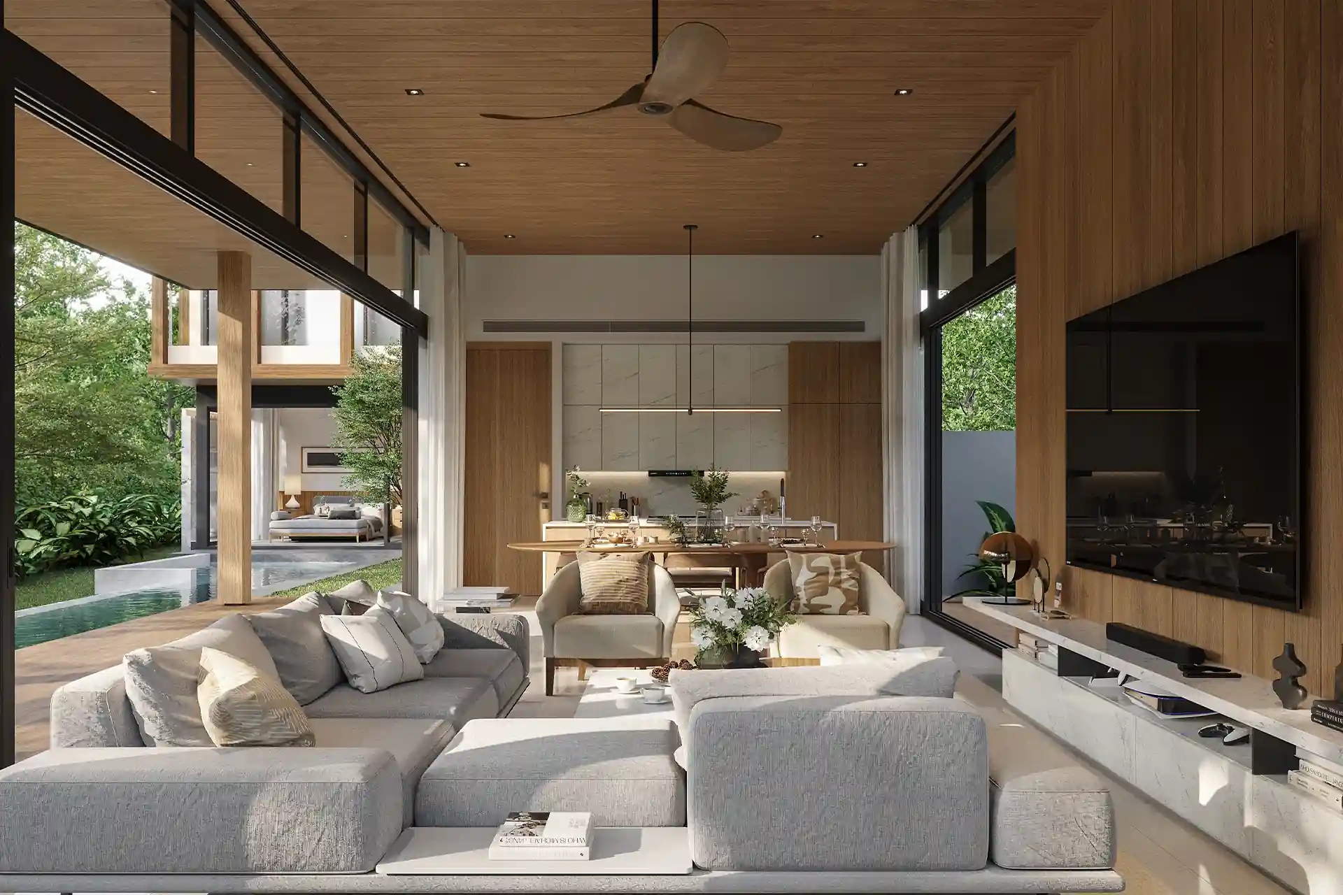 The Baya open-plan living and dining with warm wood finishes