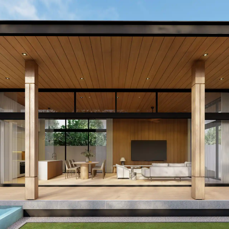 The Baya poolside living pavilion with timber ceiling and glass