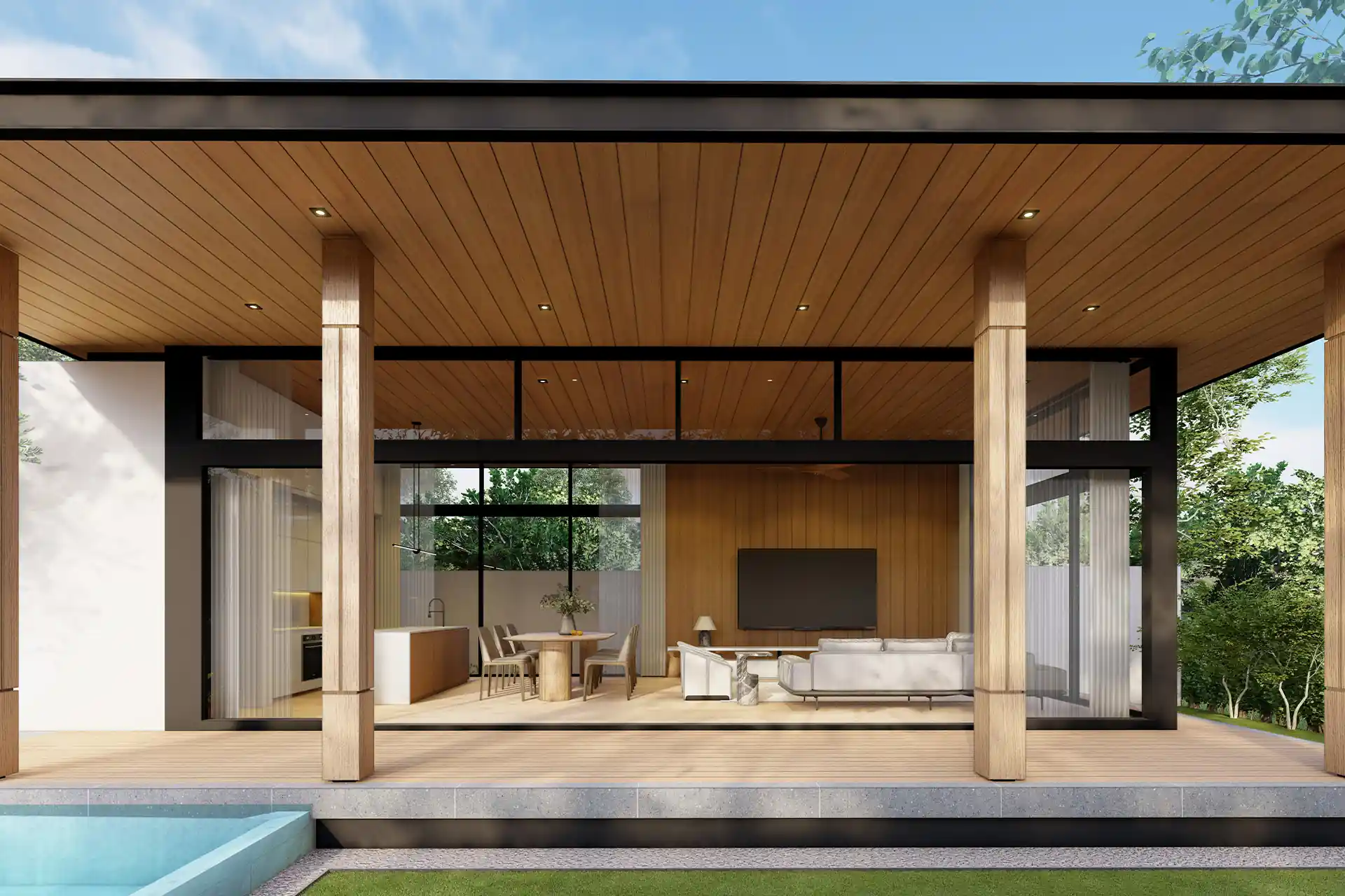 The Baya poolside living pavilion with timber ceiling and glass