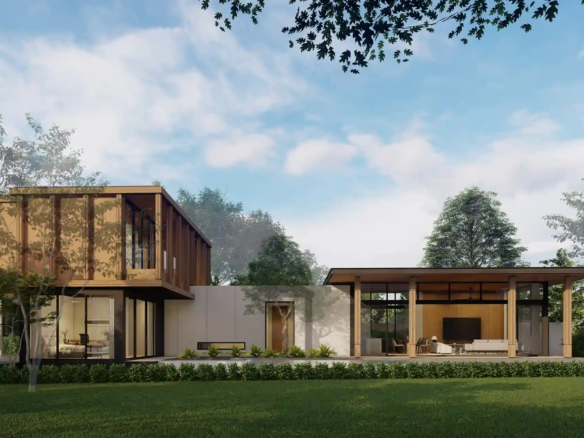 The Baya wide exterior view with garden and pavilion lounge