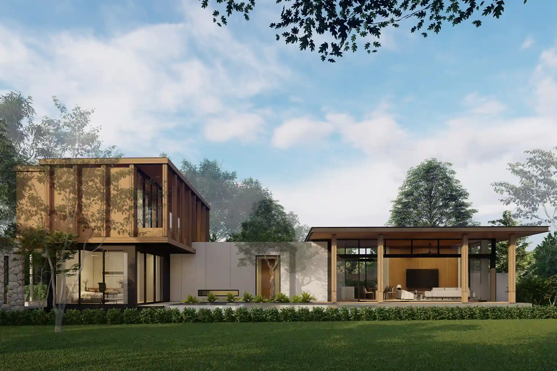 The Baya wide exterior view with garden and pavilion lounge