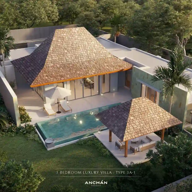 Anchan Sunscape Thep Krasattri 3-bedroom villa aerial with pool