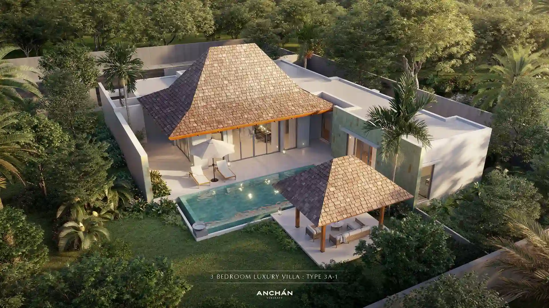 Anchan Sunscape Thep Krasattri 3-bedroom villa aerial with pool