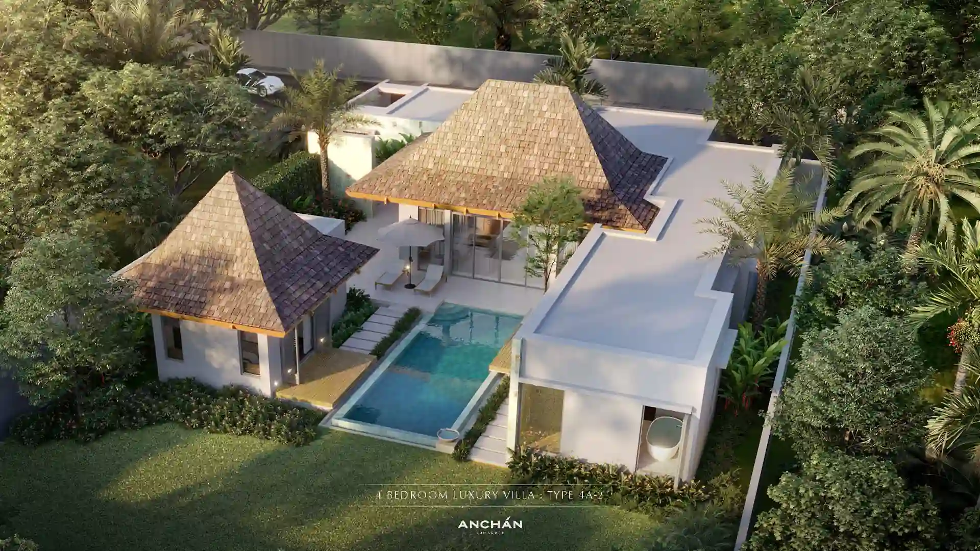Anchan Sunscape Thep Krasattri 4-bedroom villa aerial with pool