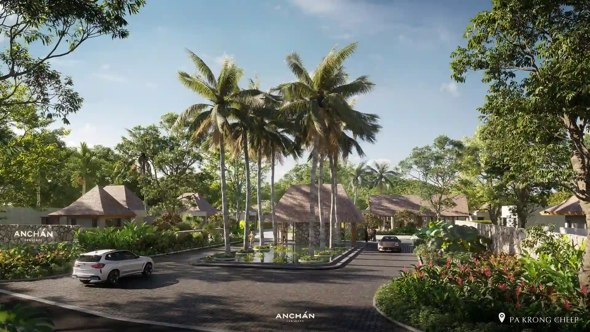 Anchan Sunscape Thep Krasattri gated entrance with tropical landscaping