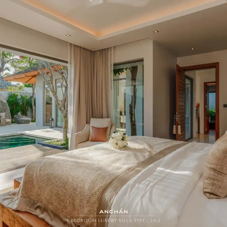 Anchan Sunscape Thep Krasattri master bedroom overlooking courtyard pool