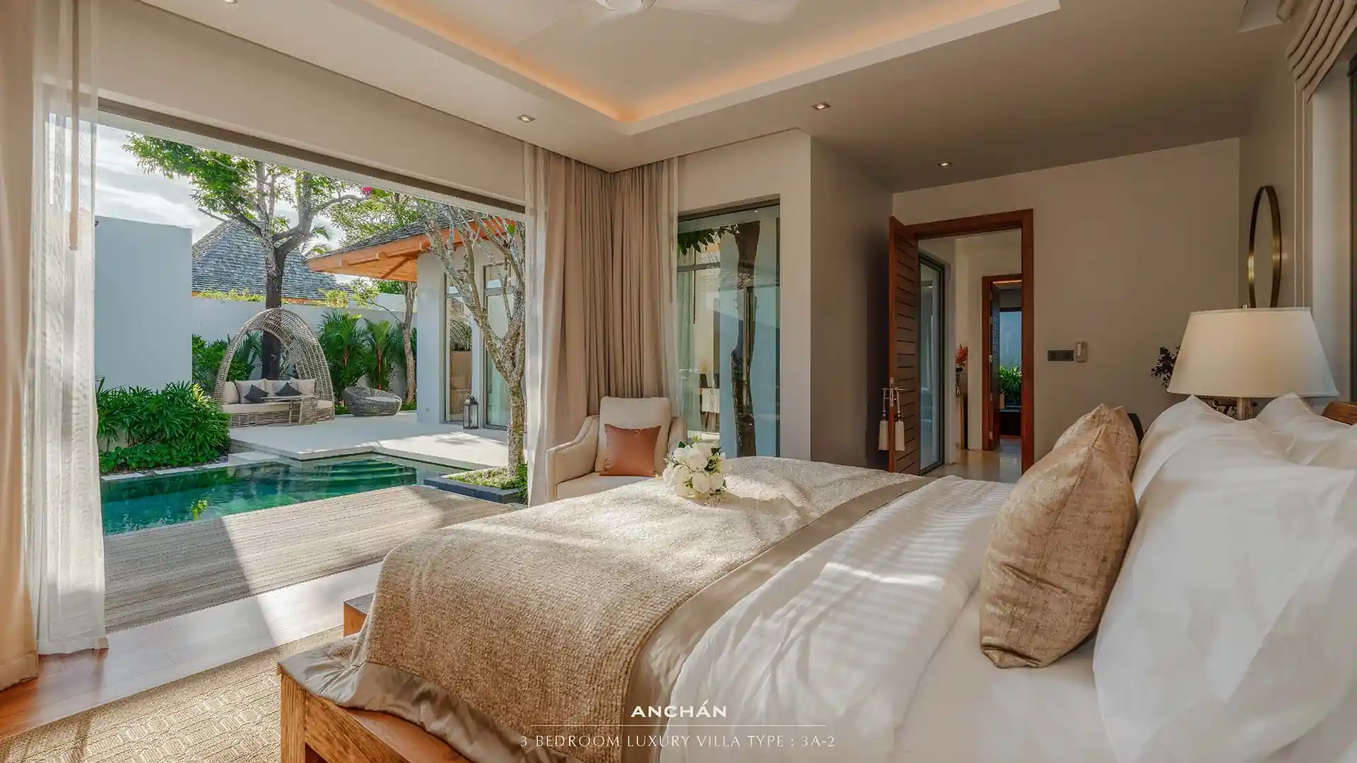 Anchan Sunscape Thep Krasattri master bedroom overlooking courtyard pool