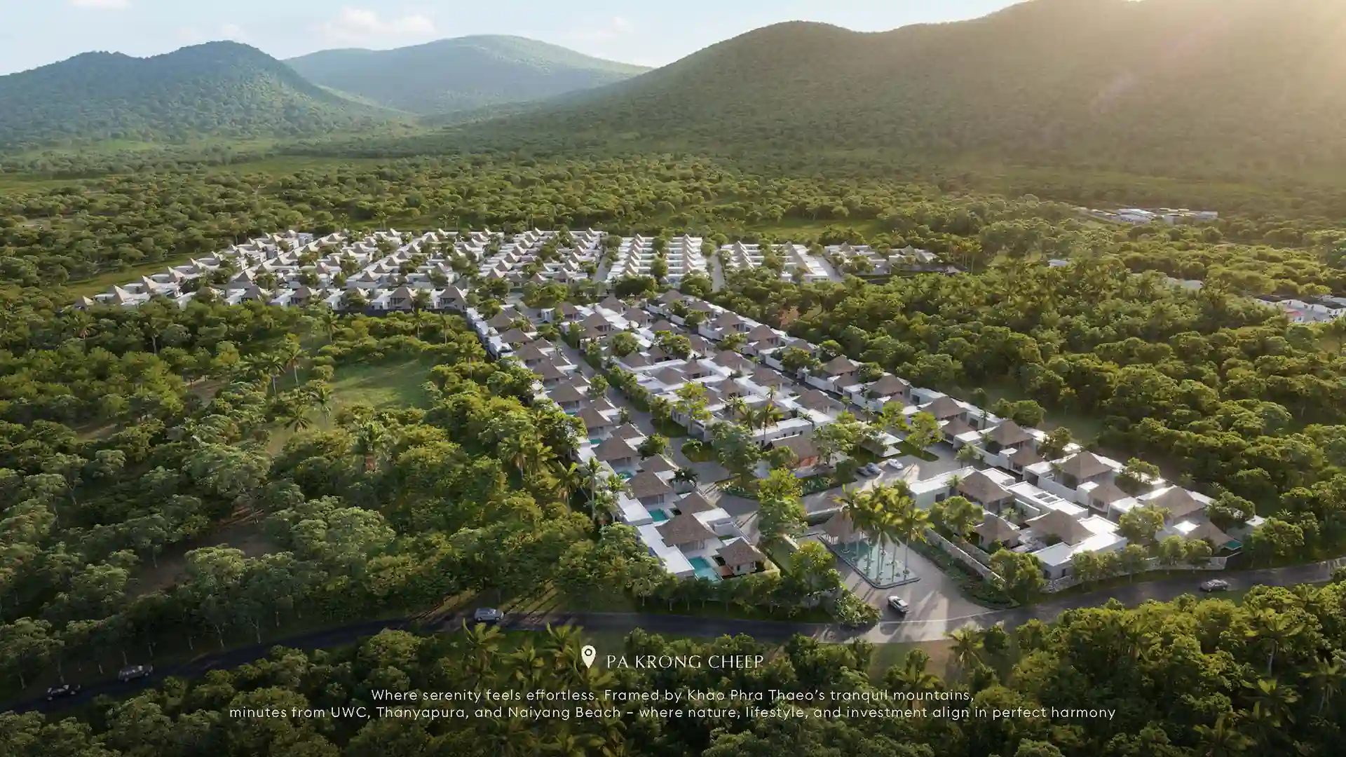Anchan Sunscape Thep Krasattri community aerial with mountain backdrop
