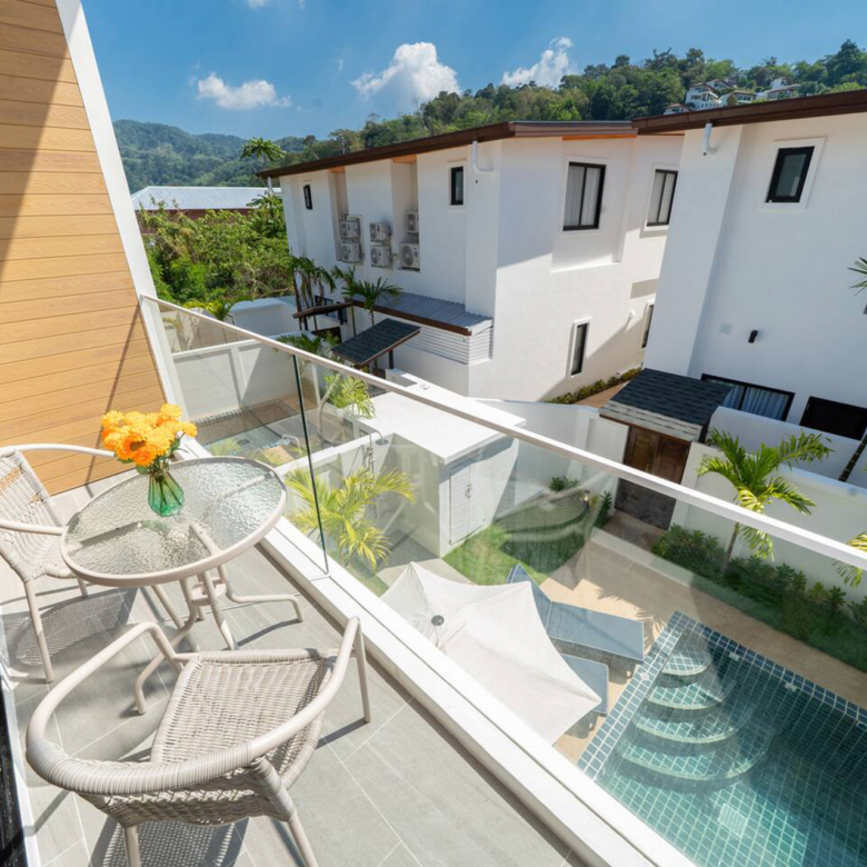Goldena Twin Kamala balcony view overlooking private pool and courtyard