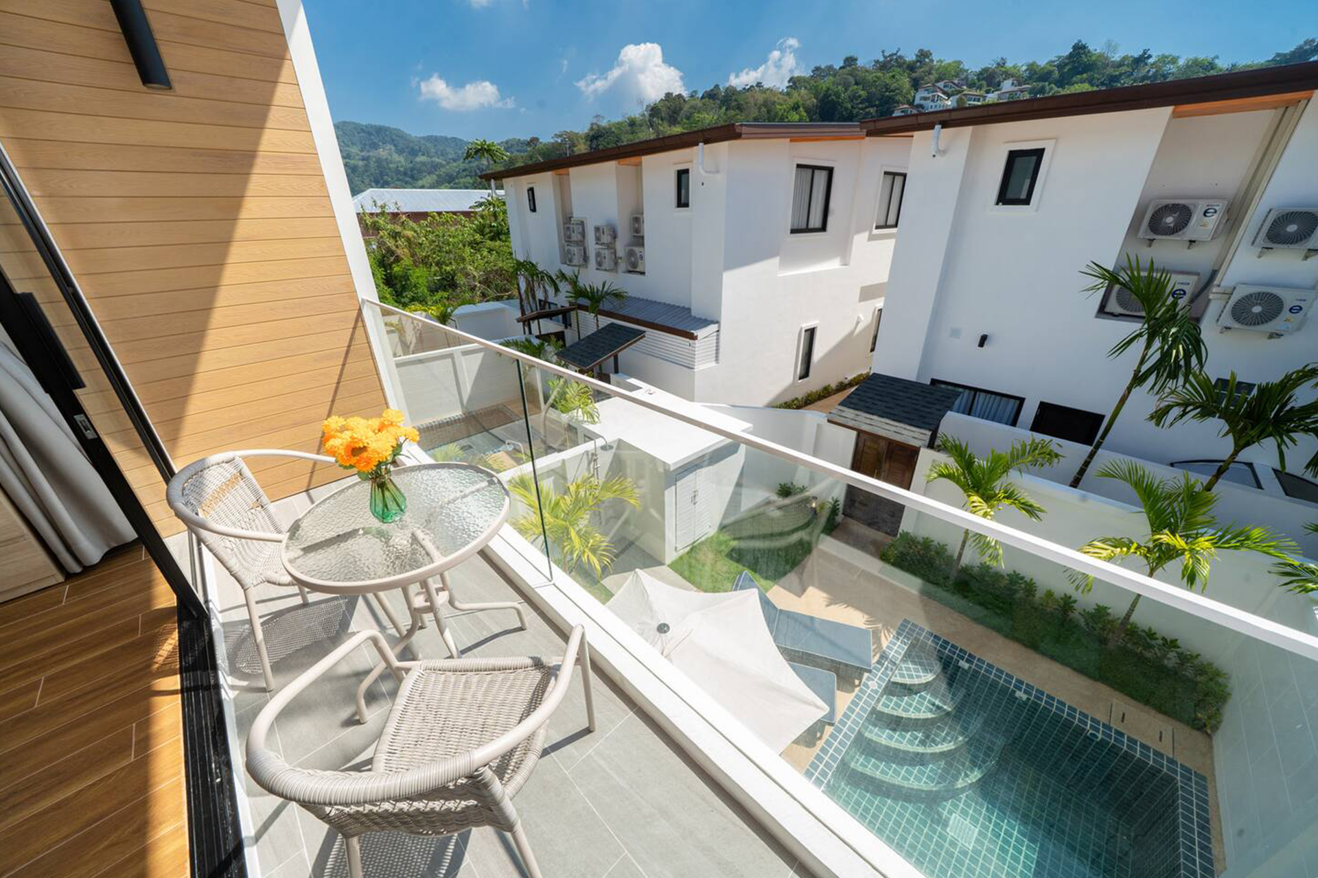 Goldena Twin Kamala balcony view overlooking private pool and courtyard