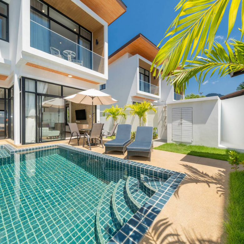 Goldena Twin Kamala pool view showcasing modern villa façade