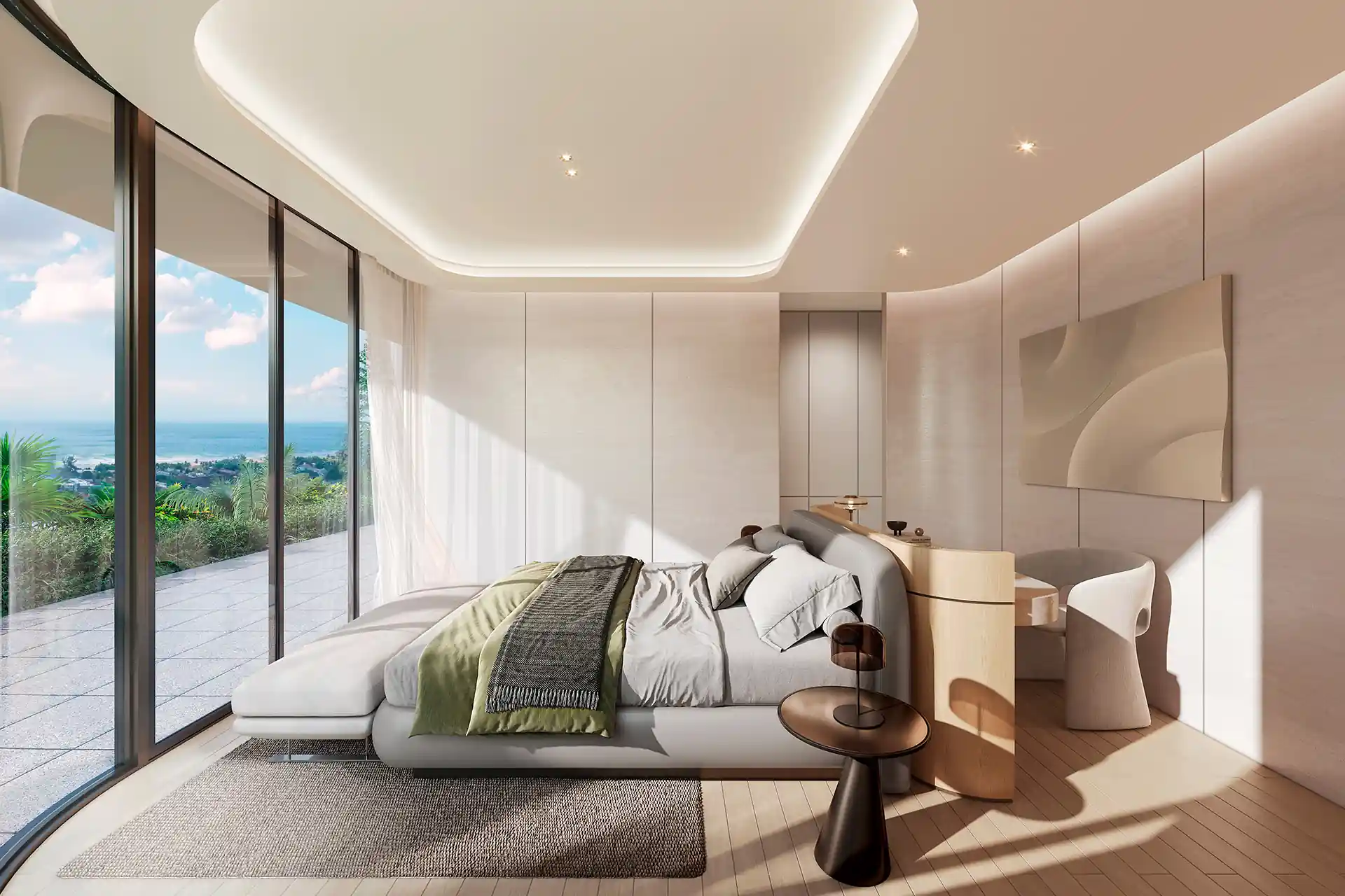 Isla Kata Sea View Villa bedroom with soft daylight and terrace view