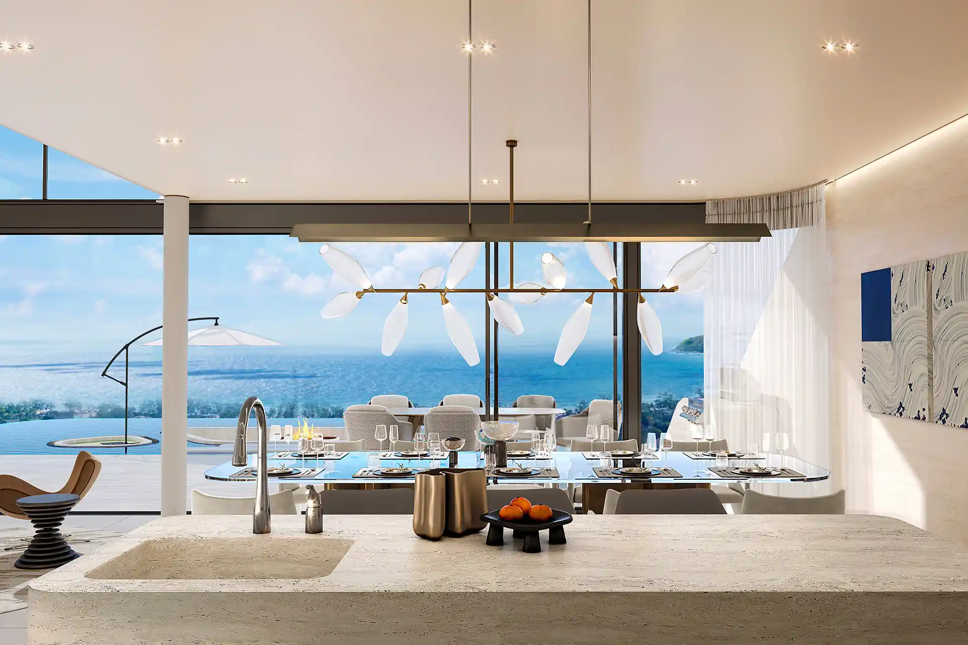 Isla Kata Sea View Villa kitchen and dining with ocean panorama
