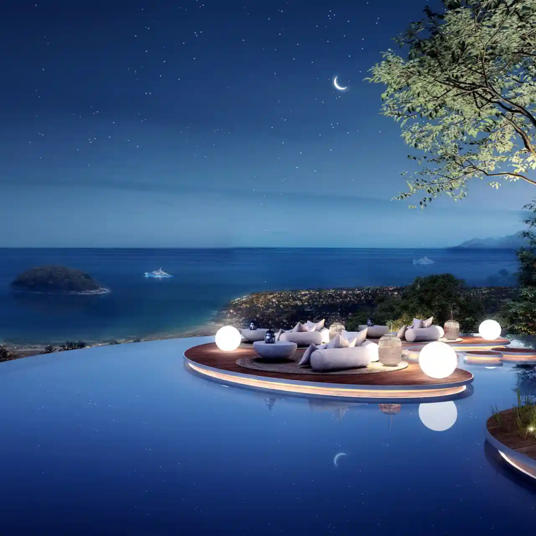 Isla Kata Sea View Villa night infinity pool lounge ocean view