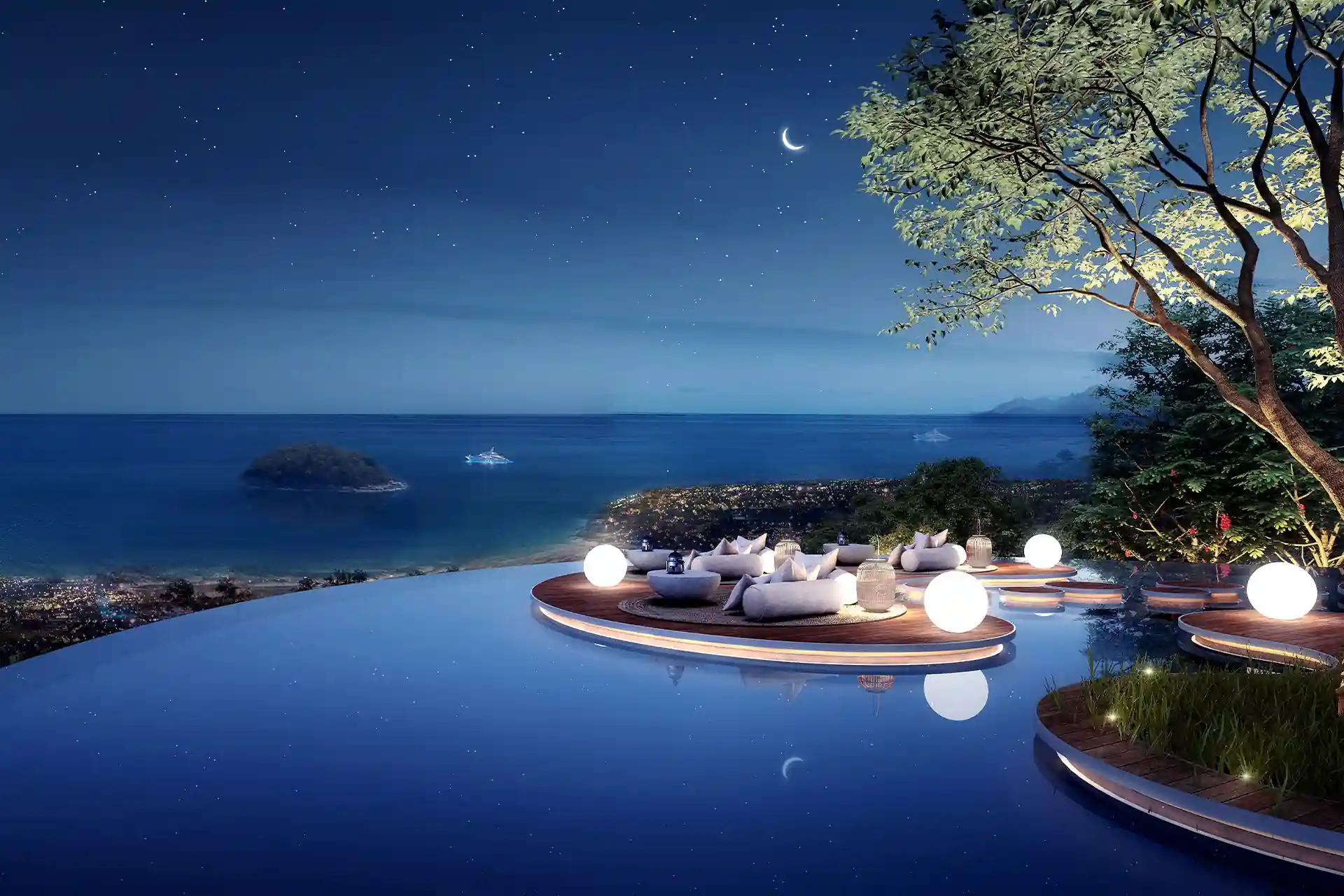 Isla Kata Sea View Villa night infinity pool lounge ocean view
