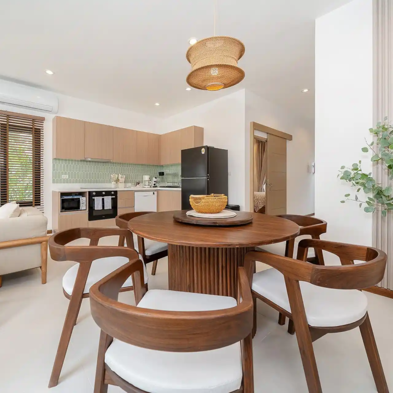 Goldena City Gems Kamala modern kitchen next to dining set